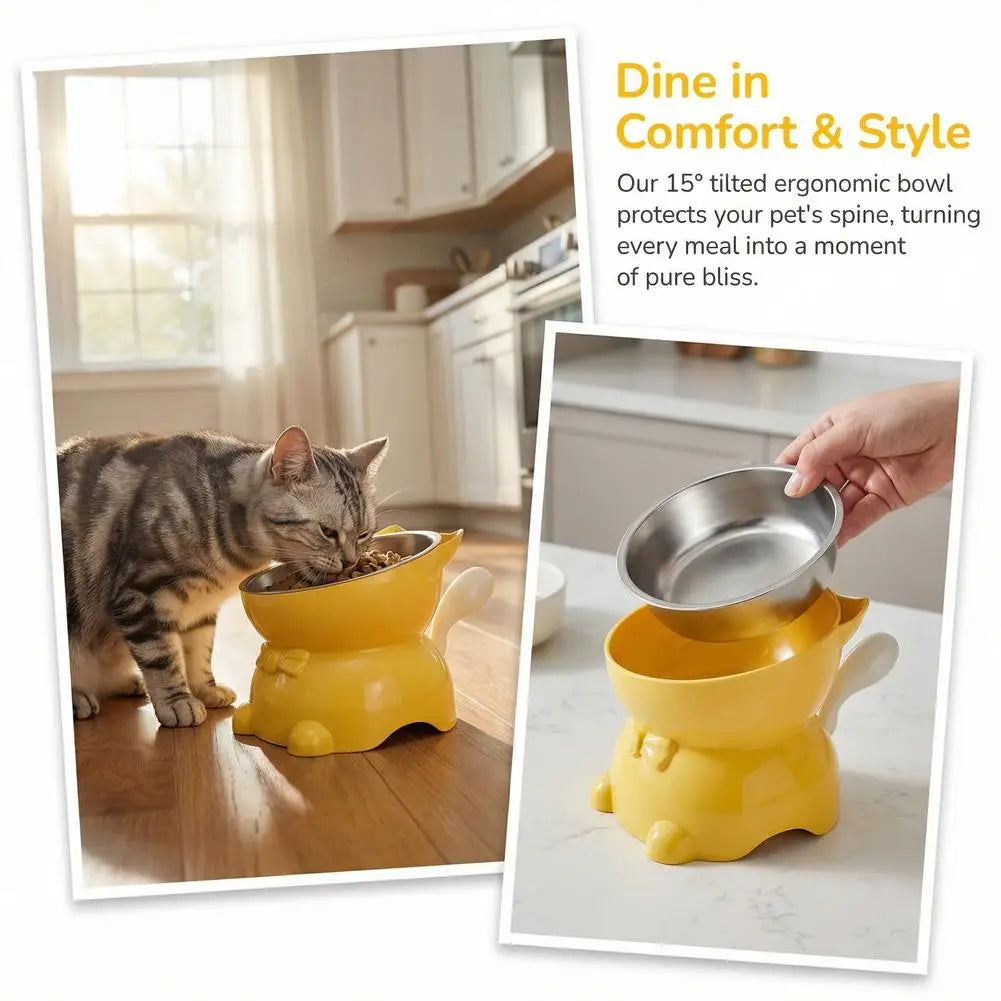Elevated Stainless Steel Cat Bowl, Inclined Food & Water Dish with Cute Ear Stand, Neck Protection Design for Cats
