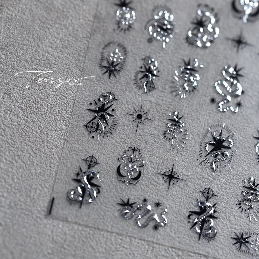 5D Gold Stamped Silver Sun Stars Snake Nail Art Stickers Totems Reliefs Self Adhesive Dark Chinese Style Manicure Decals