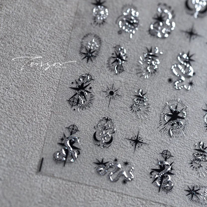 5D Gold Stamped Silver Sun Stars Snake Nail Art Stickers Totems Reliefs Self Adhesive Dark Chinese Style Manicure Decals