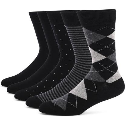 5 Pairs Mens Dress Socks Plus Large Size，High Quality Combed Cotton Crew Socks，Black Cool Argyle Breathable Casual Socks for Men