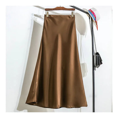 Botvotee Elegant Satin Long Skirt for Women Spring Summer 2025 Office Ladies Korean Style Loose Elastic Band Midi Skirts