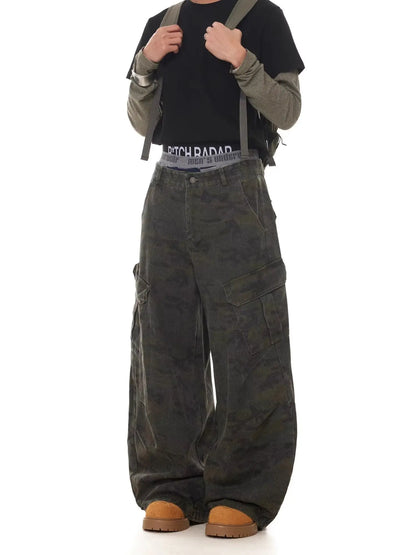 American Retro Multi-pocket Camouflage Silhouette Scimitar Jeans Niche Baggy Wide-leg Sickle Casual Pants Hoodies Men's Clothing