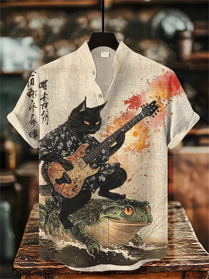 Men's short-sleeved shirt with cat and dinosaur print, casual and stylish vacation-style men's top, fashionable Hawaiian design.
