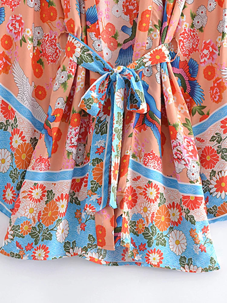 Boho Queens Vintage Peacock Floral Print Sashes Beach Kimono Women Bohemian Wrap Batwing Sleeves Holiday Bikini Cover-ups