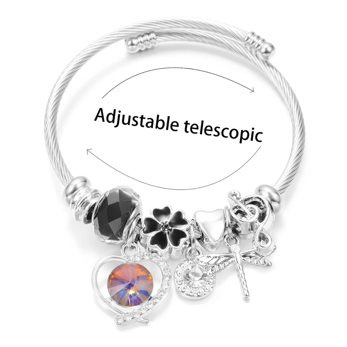 New Trendy Rhinestones Dragonfly Crystal Beaded Pendant Bracelet Stainless Steel 4 Colors Closure Bangles Women Bracelet Jewelry