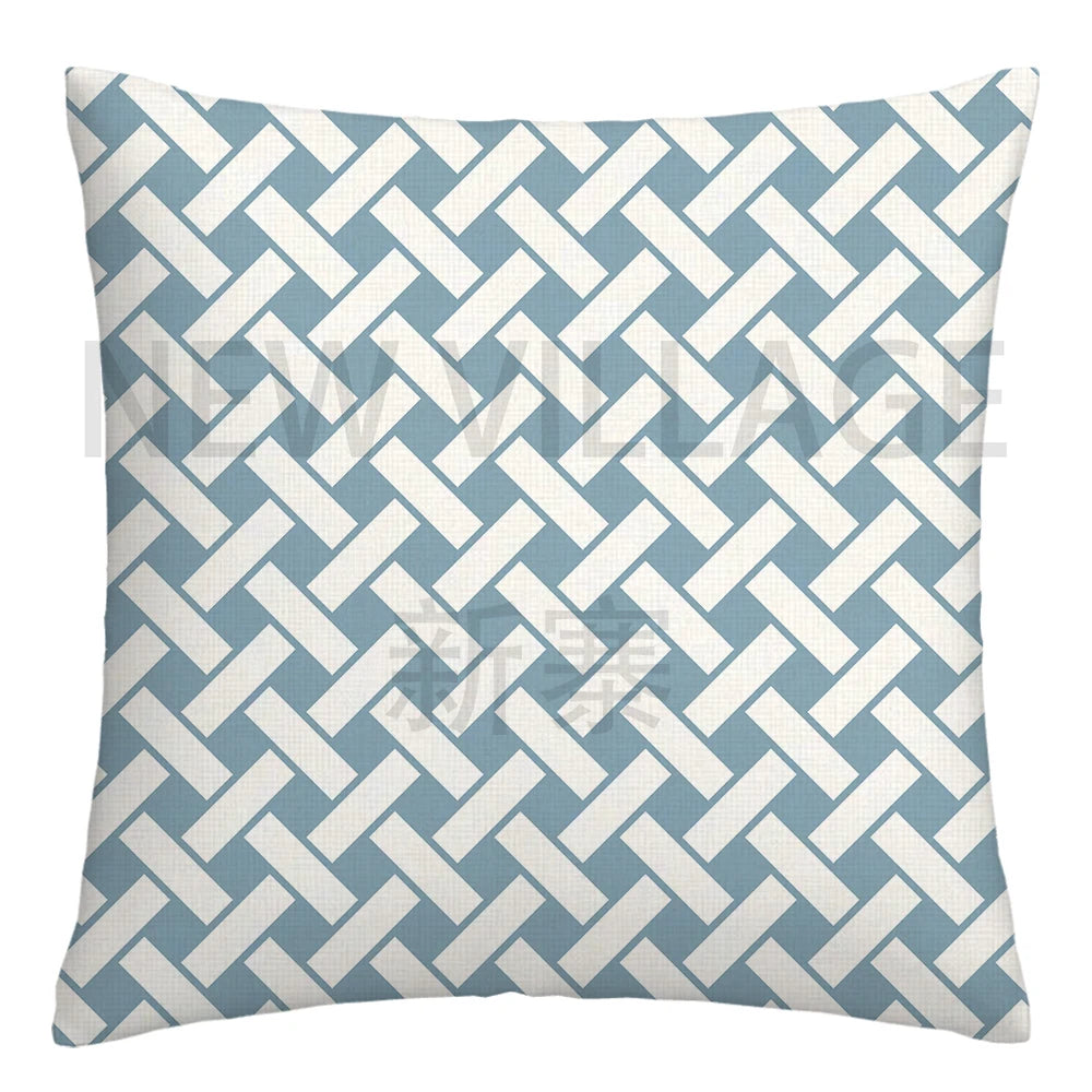 Lake blue white geometric linen pillowcase sofa cushion cover home decoration can be customized for you 40x40 45x45 50x50 60x60