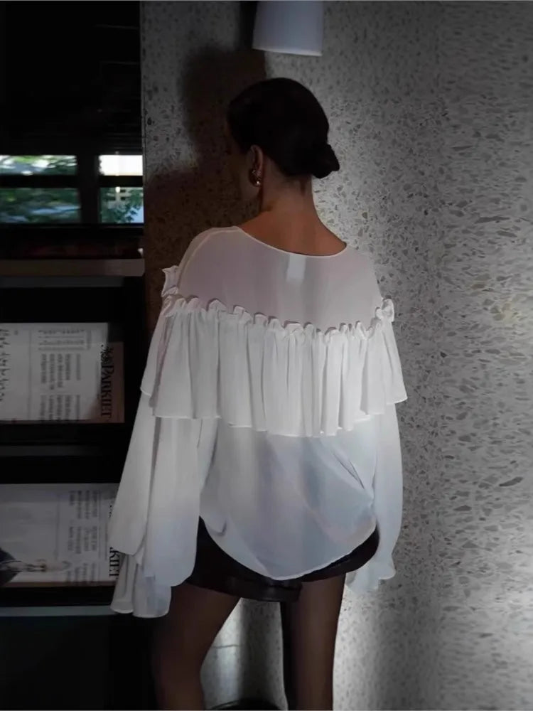 Sexy See-through Chiffon Top V-neck Long Sleeve Beach Party Shirt Trans-seasonal Women's Low Cut Shirt Ruffle Solid Color Tops