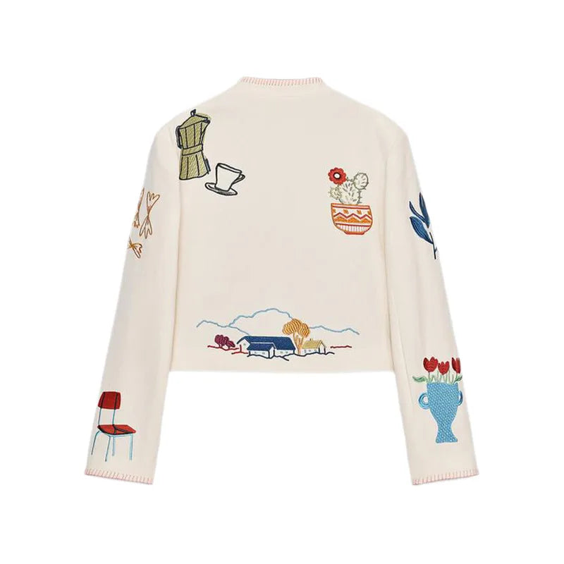 Embroidered Print Cropped Woolen Jacket Women Casual O Neck Full Sleeve Outwear 2025 Autumn Lady Daily Commuting Street Jackets