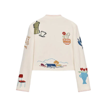 Embroidered Print Cropped Woolen Jacket Women Casual O Neck Full Sleeve Outwear 2025 Autumn Lady Daily Commuting Street Jackets