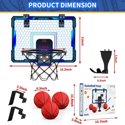 Basketball Hoop Indoor, Mini Basketball Hoop with 7 LED Lighting, Scoreboard, Over Door Basketball Hoop with 3 Modes, Volume Adjustable, Foldable, Basketball Toys for Kids,Birthday Halloween Christmas Gift