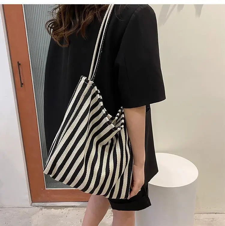 Large Capacity Canvas Women Shopper Tote Simple Striped Shoulder Bag Female Casual Multifunctional Travel Top-handle Handbag