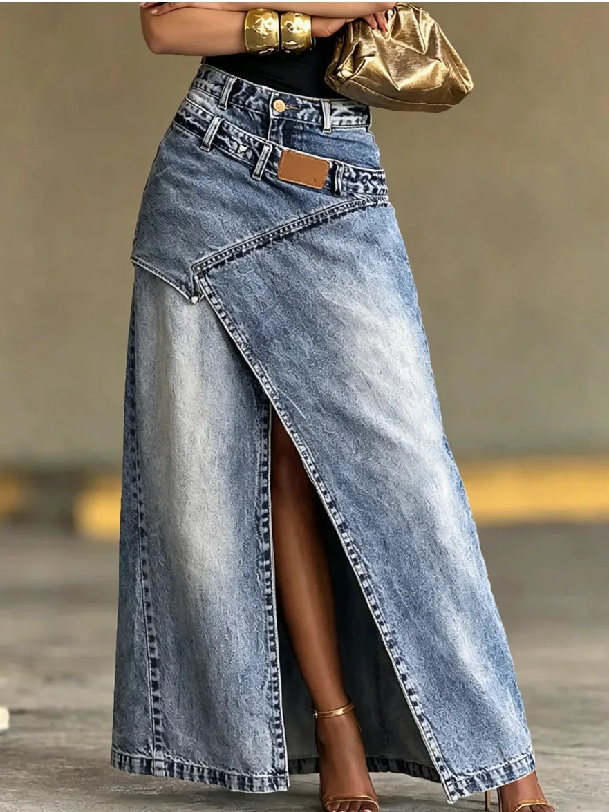 Fashion Distressed Wash Retro Denim Maxi Skirt Women's High Waist Asymmetric Wrap Front Slit Decor Stitching Long Jean Skirt New
