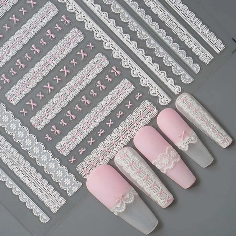Sweet Bowknot Black Lace Heart Nail Stickers 3D Self Adhesive Nail Art Stickers Japanese Cool Girls Manicure Decorations Decals