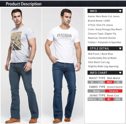 LGRG Mens Boot Cut Jeans Slightly Flared Slim Fit Blue Black Trousers Designer Classic Male Stretch Denim Pants