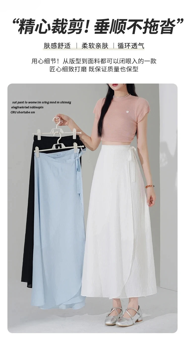 Chic Korea Clothes Summer Women Cute Sweet GIrls Solid Robe Holiday Date High Waist Retro Vintage Wrap One-Piece Lace-Up Skirts