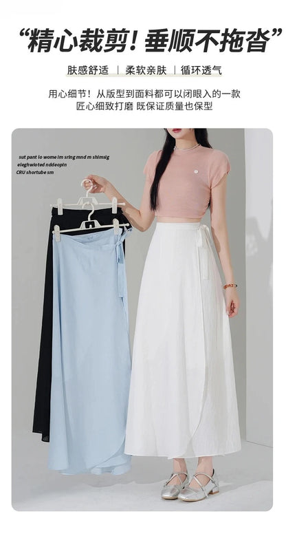 Chic Korea Clothes Summer Women Cute Sweet GIrls Solid Robe Holiday Date High Waist Retro Vintage Wrap One-Piece Lace-Up Skirts