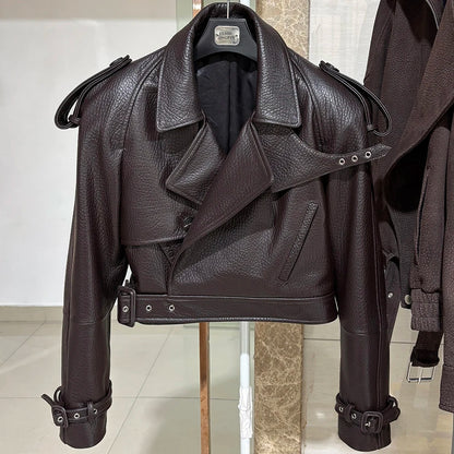 YOLOAgain Wide Shoulder Real Leather Jacket Women Oversized Genuine Leather Cropped Jacket