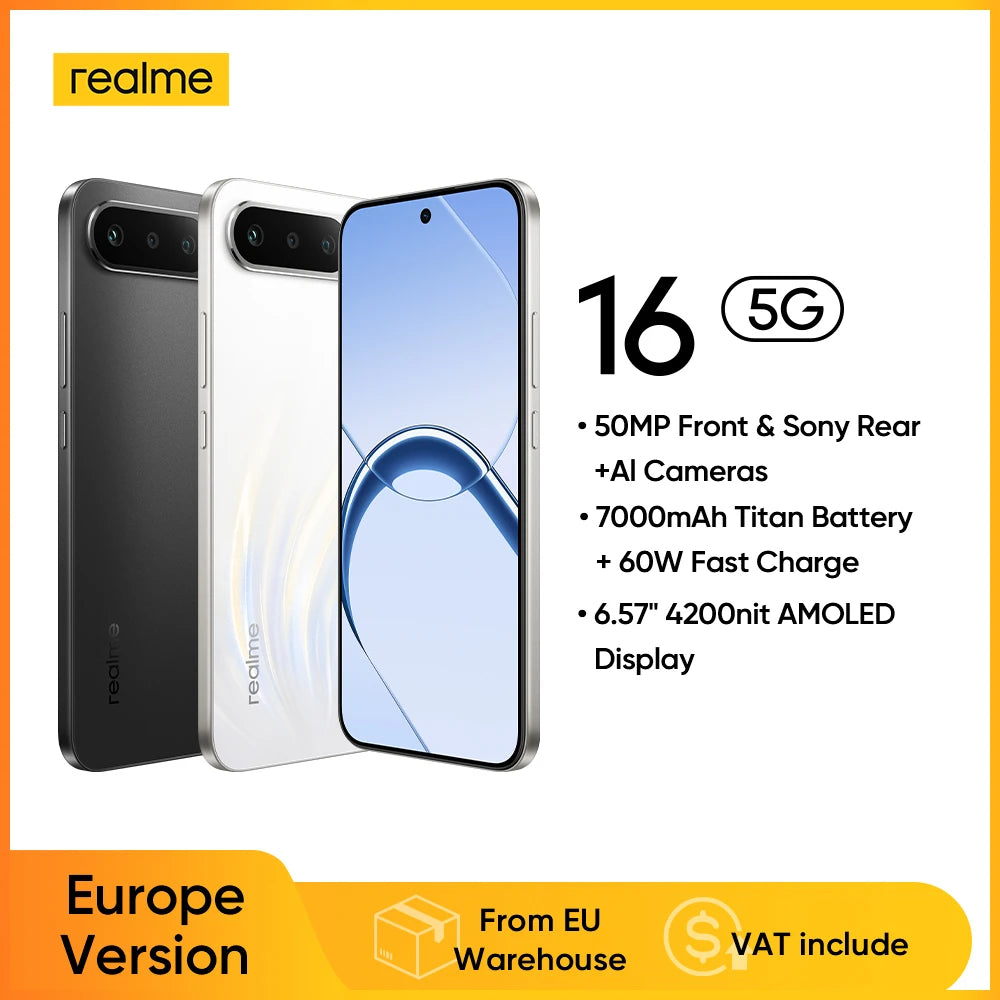 realme 16 5G smartphone, European version, MediaTek Dimensity 6400 Turbo chip, 6.57-inch 120Hz AMOLED screen, 6550 mAh Titan battery, 45 W fast charging, IP69.