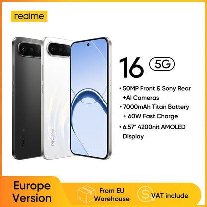 realme 16 5G smartphone, European version, MediaTek Dimensity 6400 Turbo chip, 6.57-inch 120Hz AMOLED screen, 6550 mAh Titan battery, 45 W fast charging, IP69.