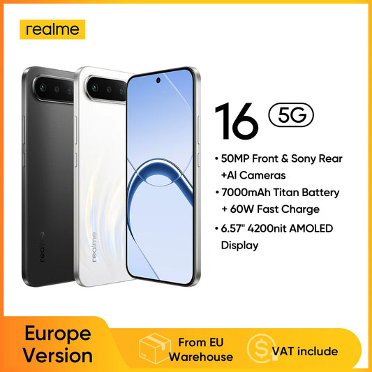 realme 16 5G smartphone, European version, MediaTek Dimensity 6400 Turbo chip, 6.57-inch 120Hz AMOLED screen, 6550 mAh Titan battery, 45 W fast charging, IP69.