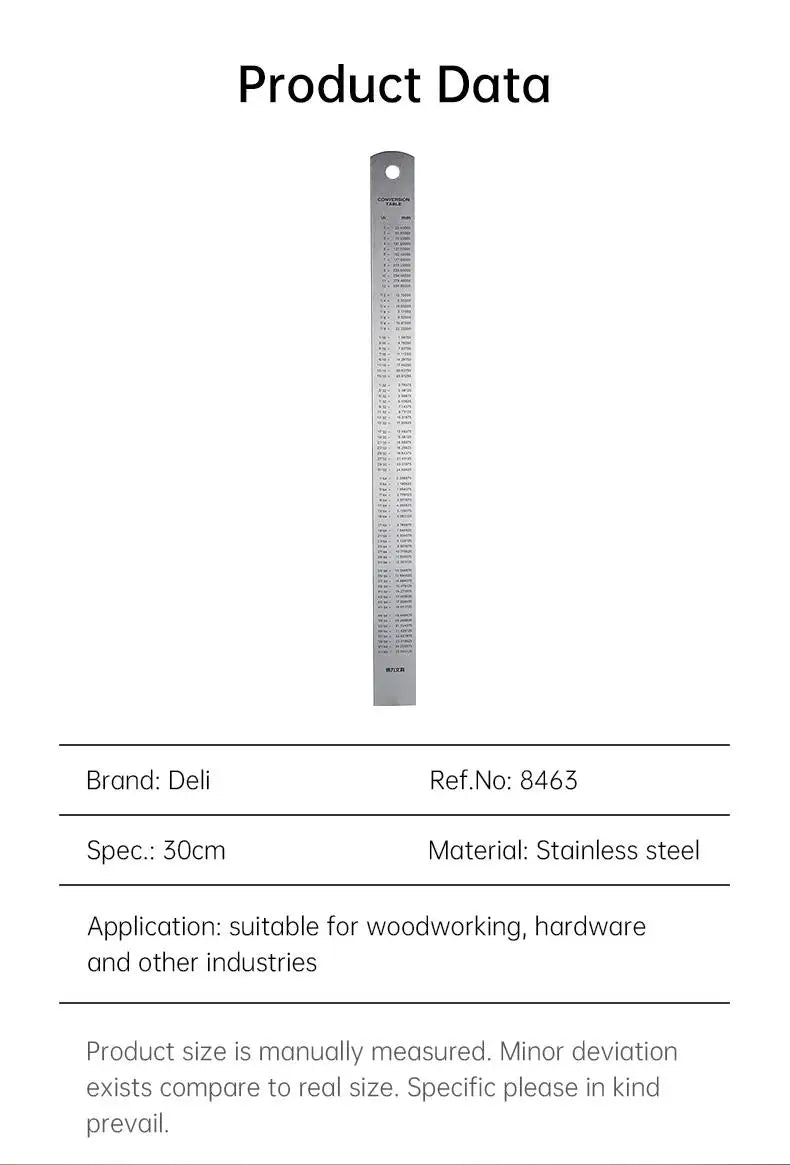 DELI Metal Ruler Precison Clear Marking Craft Wood Working Draft Measure Tool