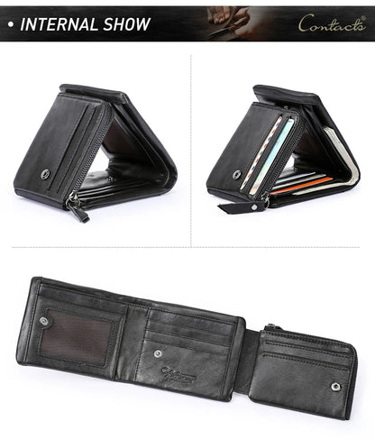 CONTACT'S Genuine Leather Short Wallets for Men Trifold Card Holder Money Clip Coin Purse Male Pocket Wallets Men's Purse Bags