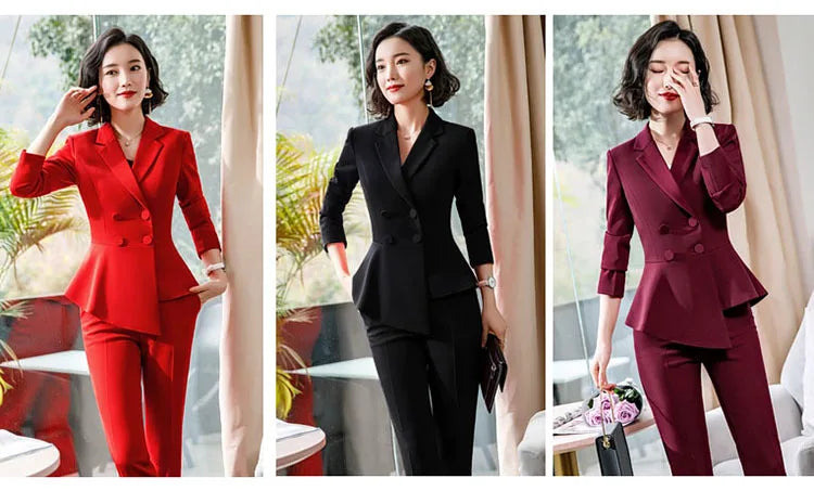 Fashion Red Pant Suits For Women Business Work Wear Formal Outfits Office Lady Blazer Set Elegant 2 Pieces Sets Female 2024 New