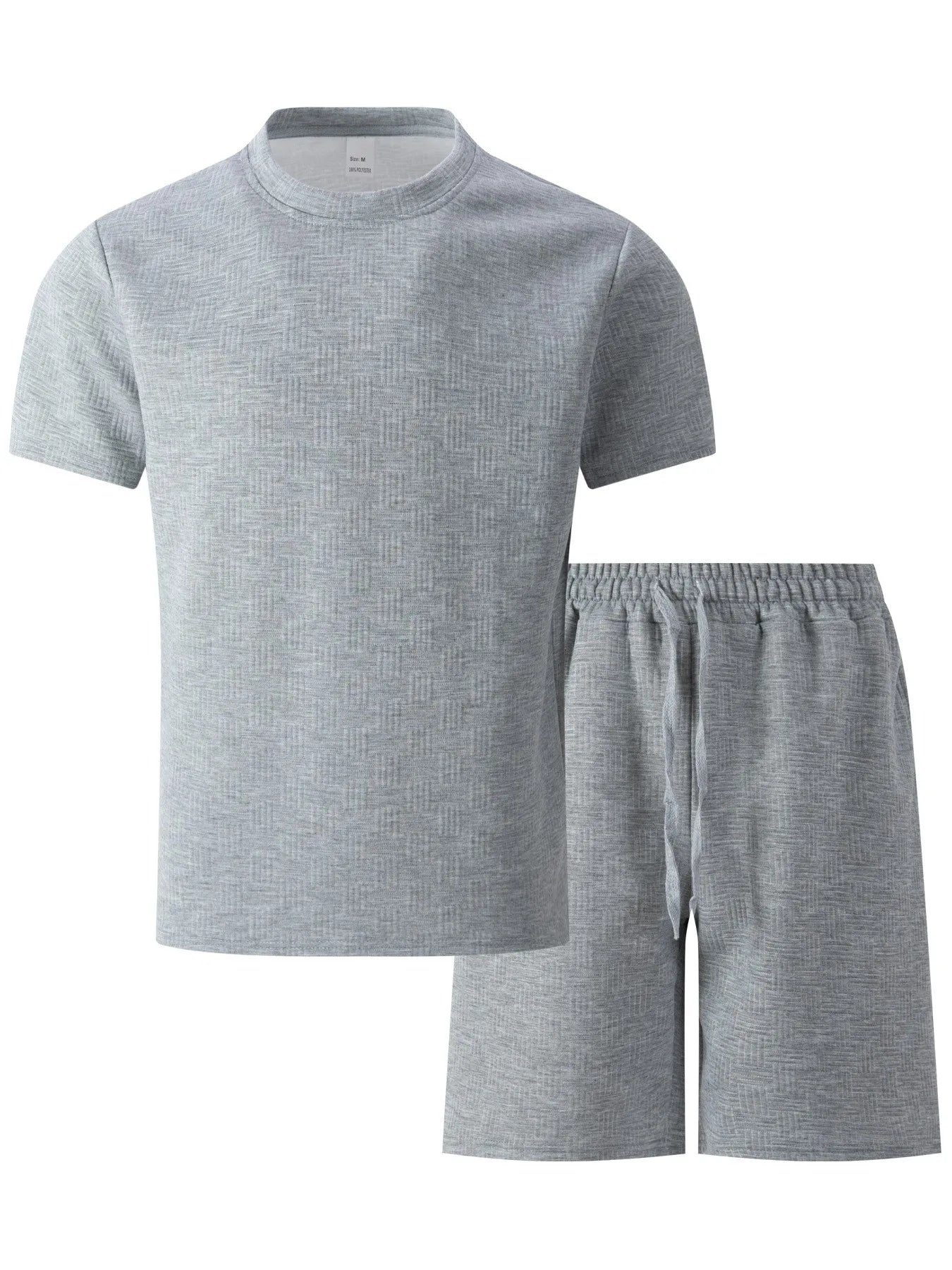 2025 summer new men's suit leisure solid color jacquard round neck fashion all-match short-sleeved T-shirt drawstring shorts set
