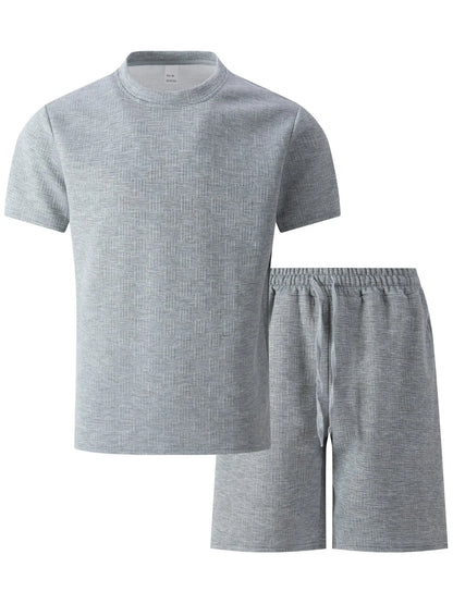 2025 summer new men's suit leisure solid color jacquard round neck fashion all-match short-sleeved T-shirt drawstring shorts set