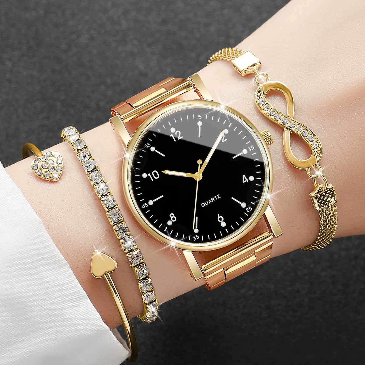 4PCS/Set Fashion Arabic Dial Women Watches Ladies Quartz Wristwatch Rhinestone Bracelets Set Reloj Mujer（Without Box）