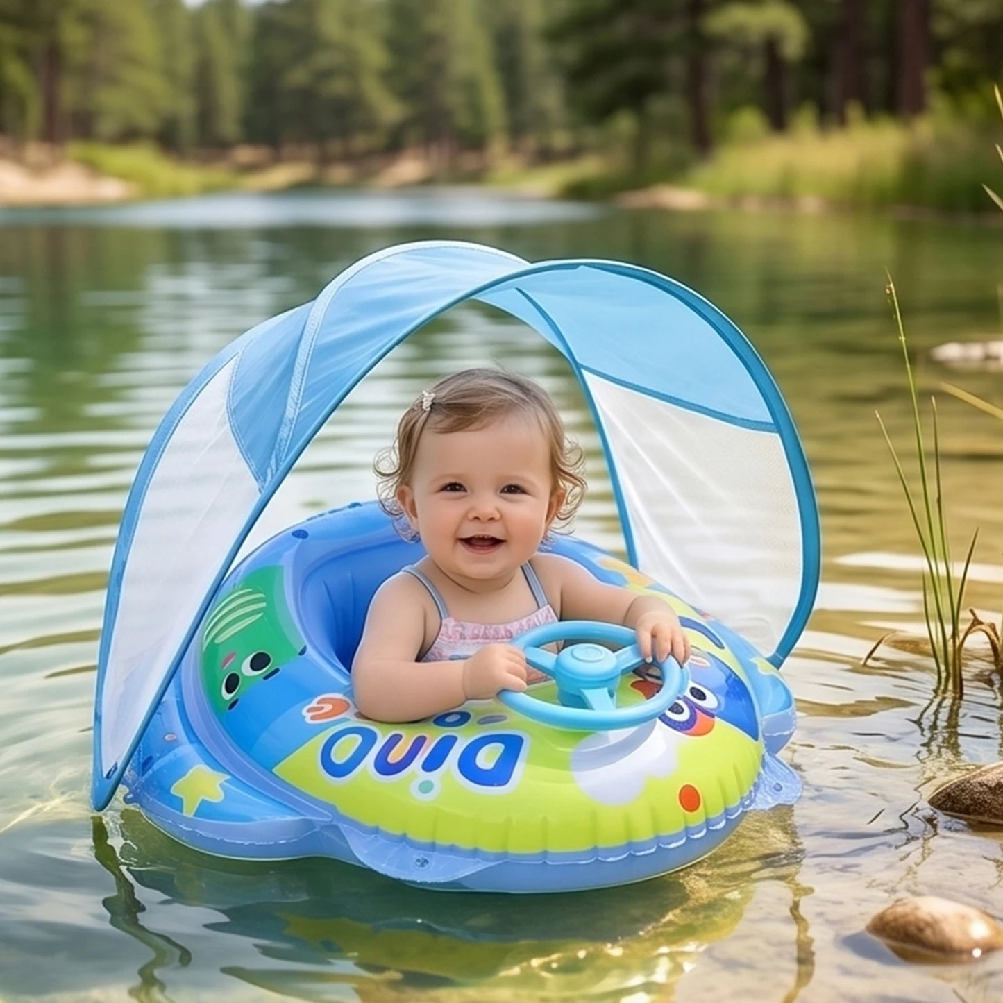PVC Infant Pool Float with Canopy and Anti-Tip Seat Upgraded Inflatable Baby Pool Float Leak-proof for Toddler Aged 6-36 Months