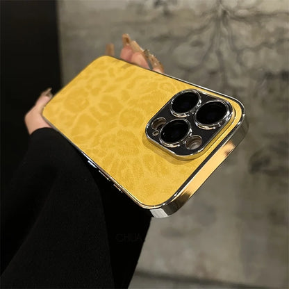 Luxury Plating Leopard Texture Leather Case For iPhone 17 16 15 14 Plus 13 12 11 Pro Max Lens Protection Shockproof  Cover Capa