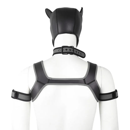 Large Size Puppy Cosplay Neoprene Fetish Hood Mask Kit with Chest Strap Collar Armband Sex Costumes for Bdsm Slave Role Play