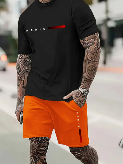 2025 New Men's Summer Round Neck Short Sleeve Suit Outdoor Sports Breathable Comfortable Shorts Suit Letter Print Casual Suit