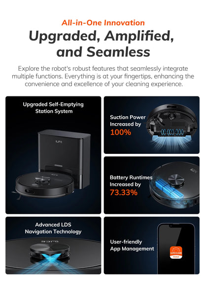 ILIFE T20s Ultra Robot Vacuum Cleaner with Self-Emptying Station, 10000Pa Suction, 4600mAh Battery, 300 Min Max Runtime