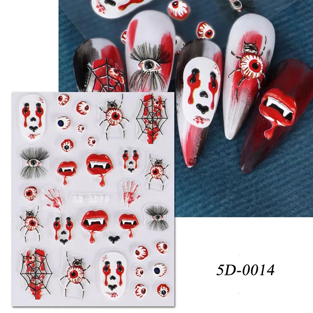 1sheet 5D Halloween Nail Stickers Pink/Green/Black Cartoon Pattern Nail Art Slider DIY For Sweet Cool Girl Cute Nail Decoration