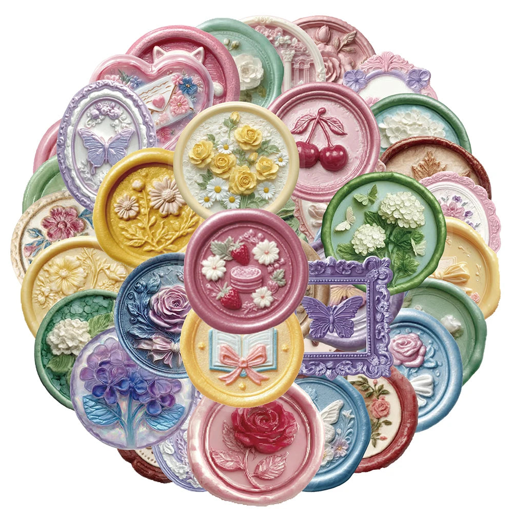 10/30/50pcs Vintage Wax Seal Stamp Aesthetic Stickers Transparent PET Decals DIY Scrapbook Phone Guitar Butterfly Flower Sticker