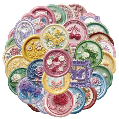 10/30/50pcs Vintage Wax Seal Stamp Aesthetic Stickers Transparent PET Decals DIY Scrapbook Phone Guitar Butterfly Flower Sticker
