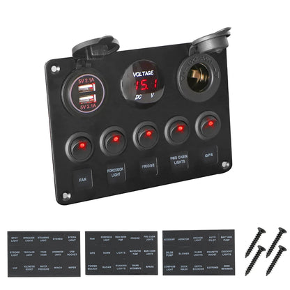 LEEPEE 5 Gang 12V Waterproof Intergrated Switch Panel Digital Voltmeter Dual USB Port For Boat Car Marine LED Rocker Accessories