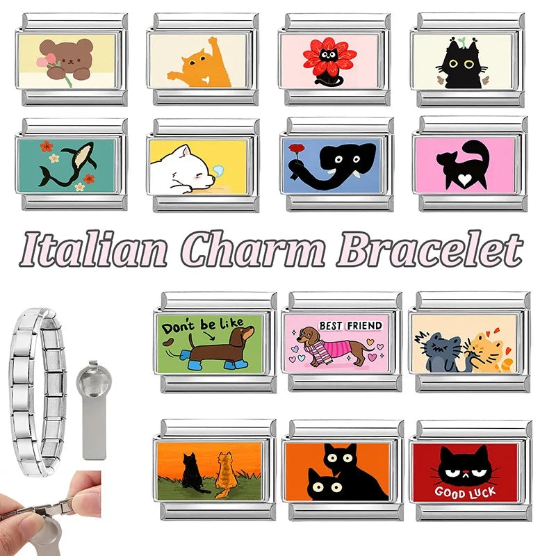 2026 Women's Funny Cat Bite Tail Elephant Dog Animals Italian Charm Link Fit 9mm Stainless Steel Module Bracelet Making Jewelrys