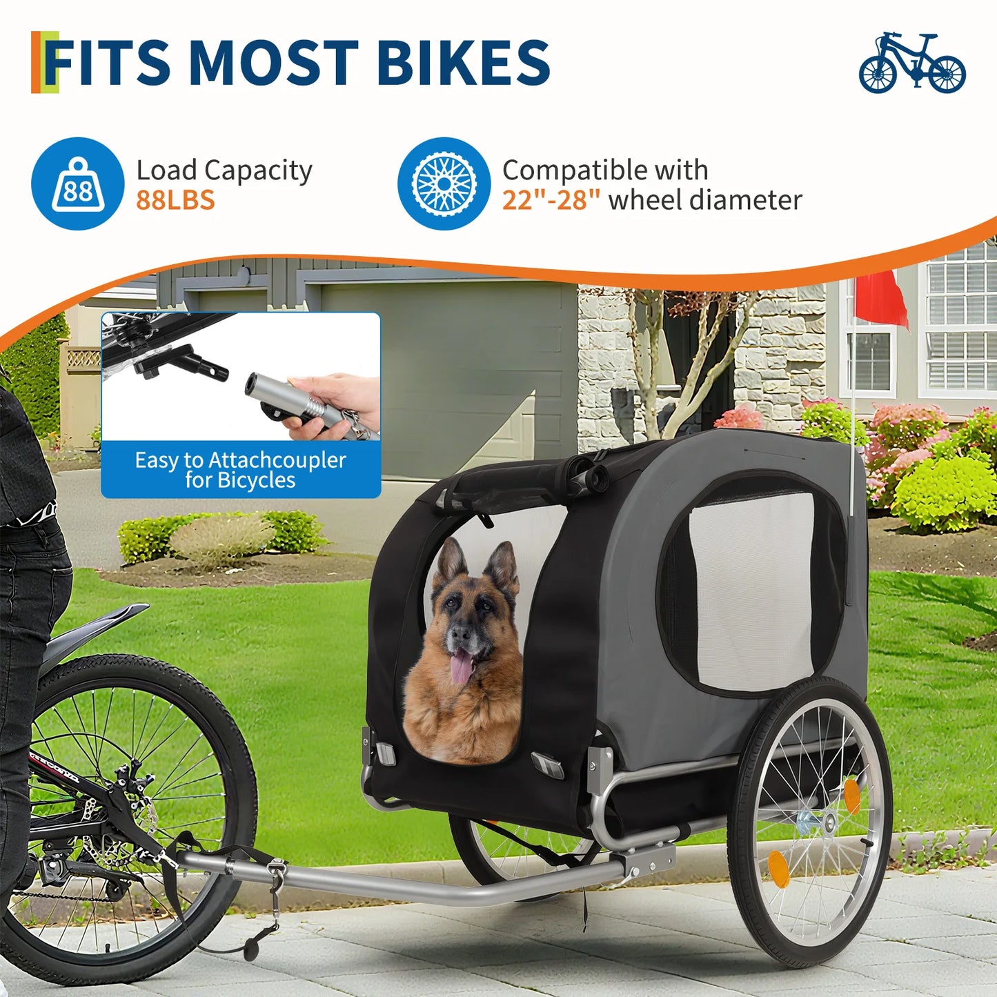 Heavy Duty 2-in-1 Dog Bike Trailer & Jogging Stroller for Medium/Large Dogs - 88 Lb/40 kg, Ventilated Waterproof Cabin, Collapsible Steel Frame, Quick-Release Wheels, All-purpose Hitch (20-29' Bikes)