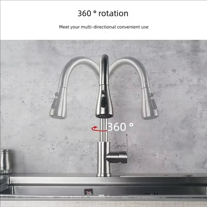 304 Stainless Steel Pull out Kitchen Faucet Deck Mounted Sink Water Tap with Mixer Stream Sprayer Head Hot Cold Taps for Kitchen