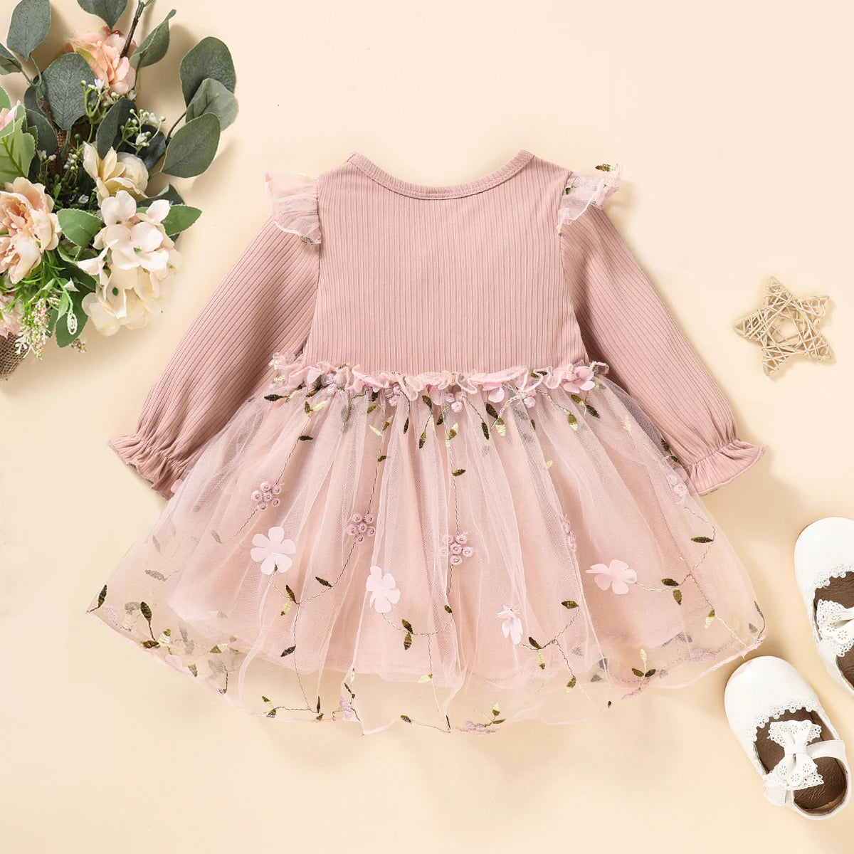 Spring Autumn Pink Tulle Dress for Infants Baby Butterfly Knot Embroidered Fairy Princess Skirt New Arrival Baby Girl Dress