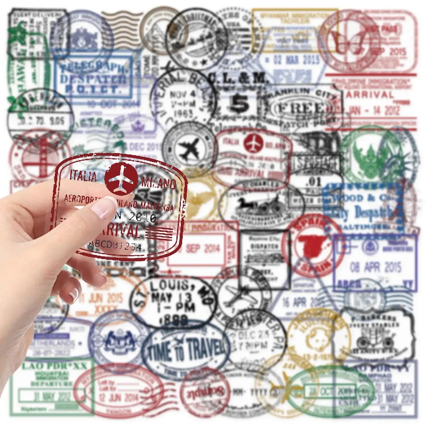 60PCS Vintage Passport Stamps Transparent Stickers Travel Decals For Phone Notebook Luggage Skateboard Guitar DIY Sticker Toy