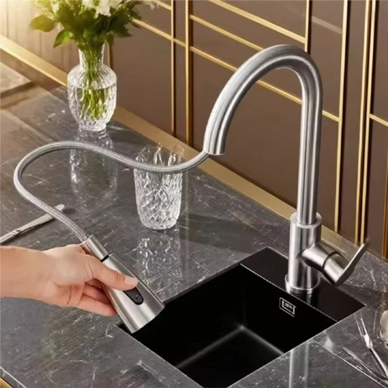 304 Stainless Steel Pull out Kitchen Faucet Deck Mounted Sink Water Tap with Mixer Stream Sprayer Head Hot Cold Taps for Kitchen