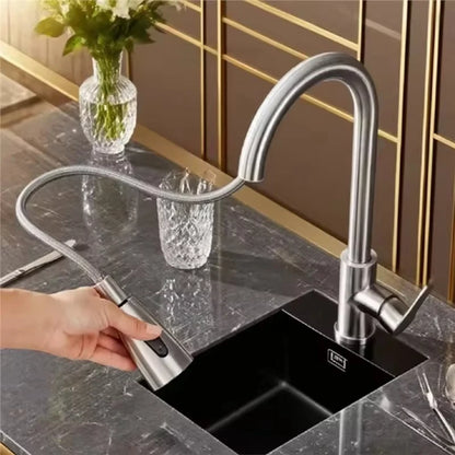 304 Stainless Steel Pull out Kitchen Faucet Deck Mounted Sink Water Tap with Mixer Stream Sprayer Head Hot Cold Taps for Kitchen