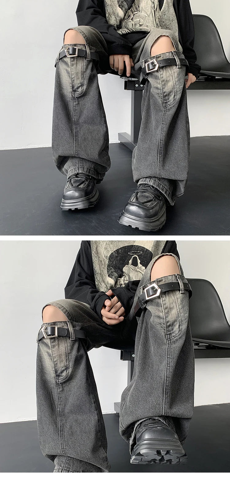 Men's Jeans Retro Trousers Knee Holes Splicing High Street Loose Denim Trousers Flared Jeans Straps Cowboy Casual Long Pants
