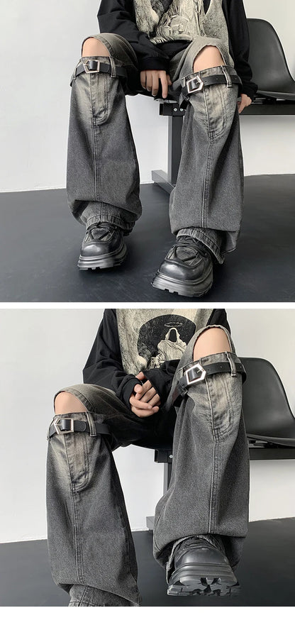 Men's Jeans Retro Trousers Knee Holes Splicing High Street Loose Denim Trousers Flared Jeans Straps Cowboy Casual Long Pants
