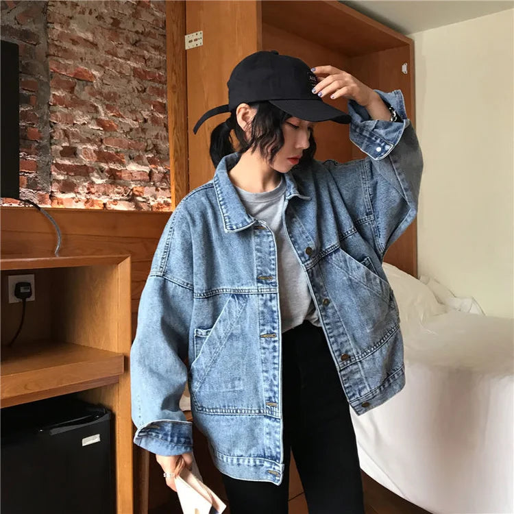 Denim Jacket Women's Spring Autumn New High Street Jeans Coat Oversize Loose Basic Jackets Simple Versatile Lapel Outerwear