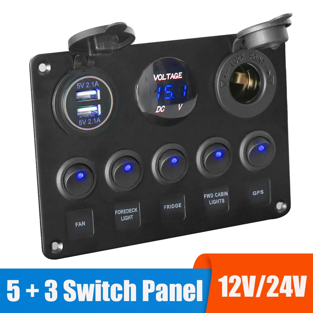 LEEPEE 5 Gang 12V Waterproof Intergrated Switch Panel Digital Voltmeter Dual USB Port For Boat Car Marine LED Rocker Accessories